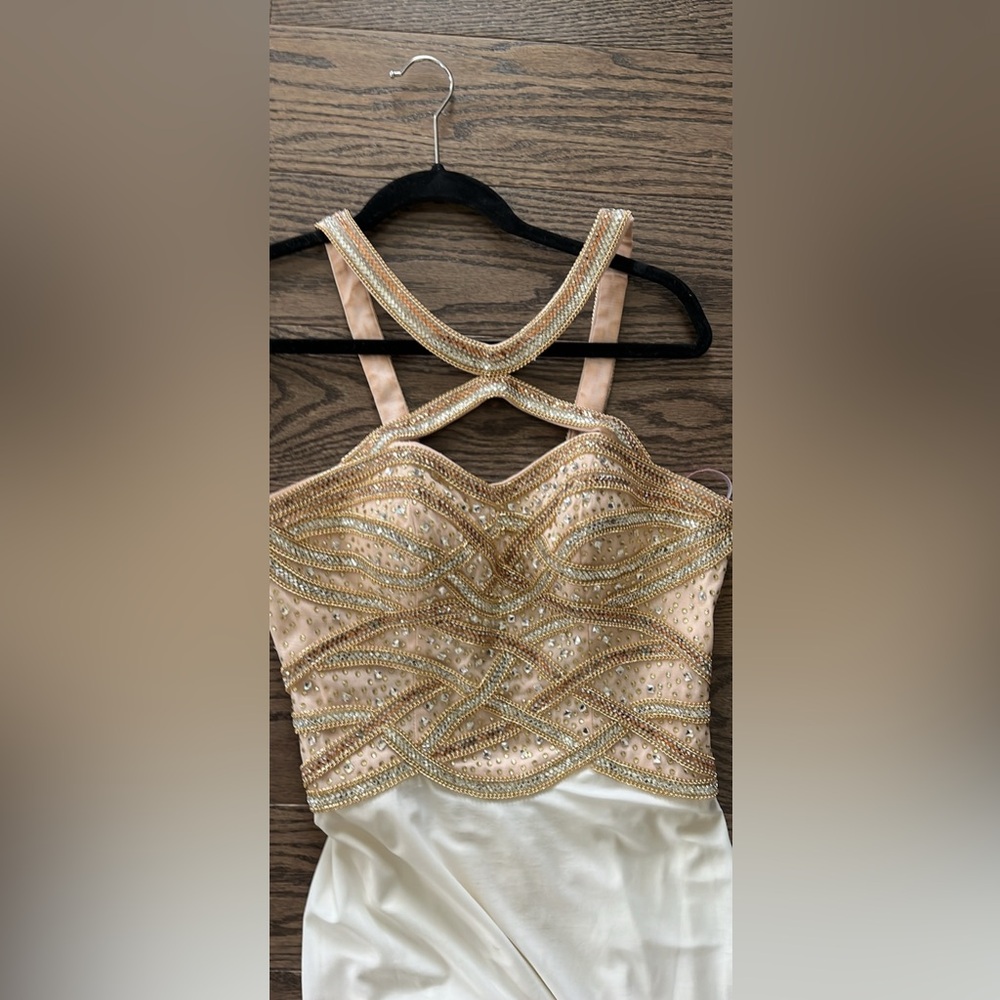 Blush Prom size 2 off-white gown with gold and silver beading